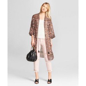 Boho Chinoiserie-Inspired Semi-Sheer Black & Coral Pink Fashion Kimono OS